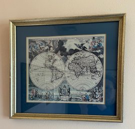 Framed Reproduction Of Joan Blaeu's 17th-century World Map.