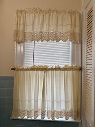 Cream-colored Fabric Curtains With Crocheted Lace Trim And Embroidery.
