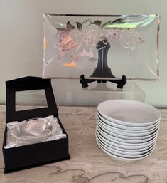 White Small Scalloped Dishes, Serving Bowl, Silver Inlay Platter And Oleg Cassini Crystal Bowl