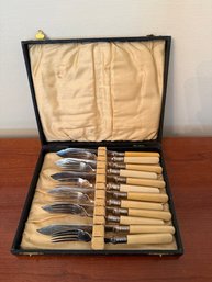 Antique John Gilbert Silver-plated Fish Cutlery Set With Celluloid Handles