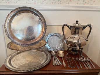 Silver-plate: Reed Barton Serving Set, Trays, Coffee/tea Urn, Flatware And More