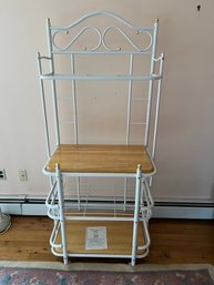 Vintage White Metal Baker's Rack With Wooden Shelves And Casters #1