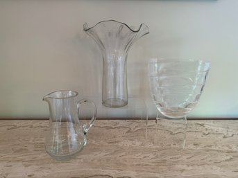 Ruffle Top Vase, Glass Pitcher And Oval Vase