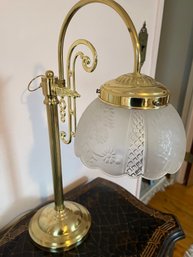 Vintage Brass Gooseneck Table Lamp With Frosted Floral Glass Shade.