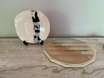 Signed Contemporary Studio Pottery Plate And Pink And Blue Platter