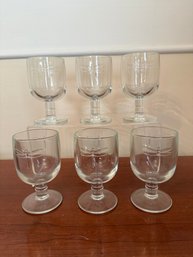 Set Of Six Clear Glass Wine Goblets With Etched Dragonfly Motif By La Rochere