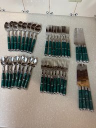 Decorative Flatware Set With Green Marbled Acrylic Handles