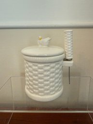 White Ceramic Basket Weave Jam Jar With Duck Lid And Knife