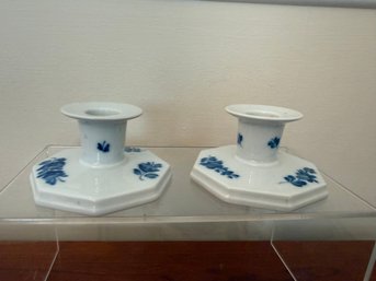 Pair Of Royal Copenhagen Porcelain Candlesticks With Blue Floral Decoration