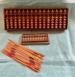 Wood Abacus, Metal Abacus On Marble Base And Vintage Pick Up Sticks