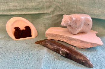 Gordon Hoselton Signed White Marble Bear On Stone Base, Soapstone Flat Whale Marble And Onyx Penguins