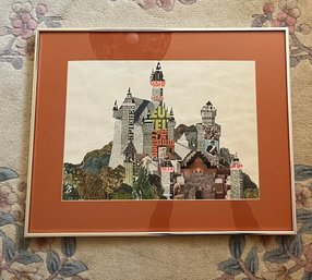 Framed Collage Artwork Depicting A Castle Made Of Paper