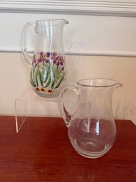 Glass Pitchers: Clear Glass And Romanian Crackled Painted Purple Flowers