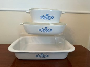 Vintage Pyrex Casserole Dishes With Blue Cornflower Pattern