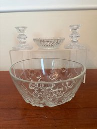 Cherry Blossom Cut Glass Bowl, Candle Holders And Trinket Dish