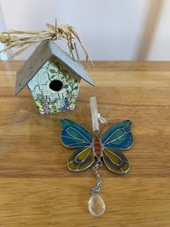 Birdhouse Ornament And Butterfly Stain Glass Ornament