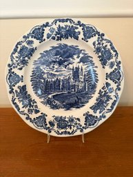 Blue And White Transferware Plate Depicting A Castle, By Unicorn Tableware