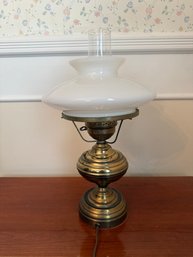 Vintage Brass Electric Lamp With Ribbed Base And Opal Glass Shade