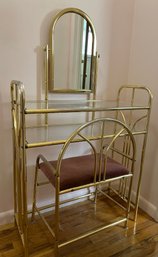 Vintage Brass And Glass Vanity Table With Mirror And Upholstered Stool