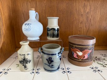 Various Pottery Pieces Such As A Cobalt Blue Decorated Crock, An Olive Oil Jug, A Mustard Jar, & More