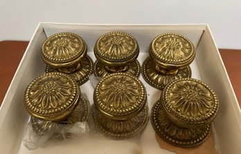 Set Of Six Antique Cast Brass Sunflower Motif Doorknobs