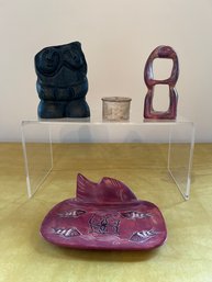 Signed Inuit Man, Made In India Trinket Box With Stones, Soapstone Lovers And Tray