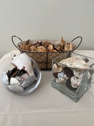 Basket With Botanical Pods And 2 Vases With Shells