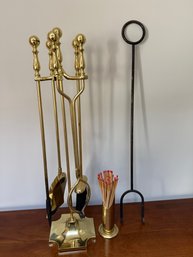 Five-piece Vintage Solid Brass Fireplace Companion Set With Stand, Match Holder & Antique Hand-forged Wrought