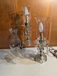 Pair Of Vintage Cut Glass Table Lamps With Etched Hurricane Shades And Prisms