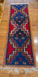 Moroccan Hand-knotted Vintage Wool Runner With Geometric Medallions And Tribal Motifs