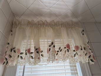 Sheer Embroidered Valance With Roses, Leaves, And Scalloped Edge.