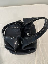 Square Bottom Leather Bag With White Threading