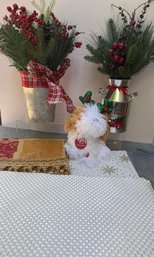 Holiday Table Decor: Placemats, Table Runner, Faux Pine/holly & Jingle Bell Dog (works!)