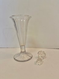 Clear Art Deco Fluted Glass Vase With Scalloped Rim And Pedestal Base & Decanter Stopper