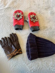 Leather Gloves (S), Wool Mittens And Hat
