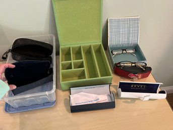 Jewelry Box, 2 Pairs Of Glasses, And Lot Of Glasses Cases