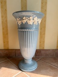 Pale Blue Wedgwood Queen's Ware Vase With White Grapevine Relief
