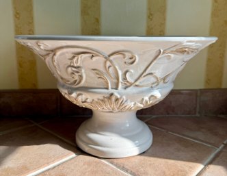 Ivory Glazed Ceramic Footed Planter With Raised Decorative Motifs