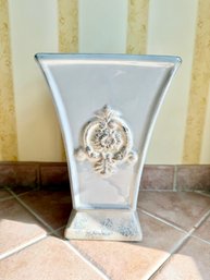 White Ceramic Vase With Ornate Relief Decoration And Distressed Finish