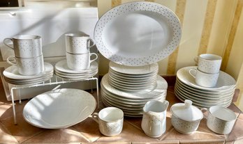 Gibson White Porcelain Dinnerware Set With Gold Polka Dot Pattern And Gold Rim