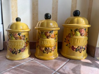 Yellow Ceramic Canisters With Fruit Motif By Los Angeles Pottery