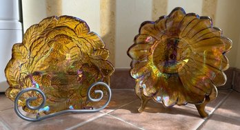 Vintage Indiana Glass Marigold Carnival Glass Grape And Sunflower Bowls