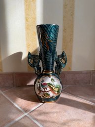 Hand-painted Hubert Bequet Ceramic Vase With Peacock And Elephant Handles