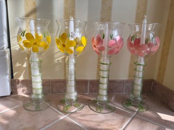 Set Of Four Vintage Hand-painted Floral Glass Hurricane Candle Holders