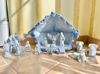 Vintage Blue Glazed Ceramic Nativity Scene With Multiple Figures