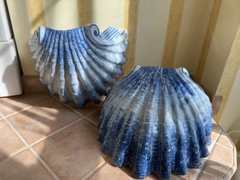 Pair Of Blue And White Glazed Ceramic Scallop Shell Decorative Objects