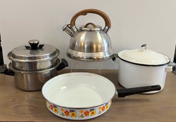 Lady Grace Double Pot, Baldwin Tea Pot And Enamel Pot And Pan