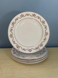 Pier 1 Holiday Scroll Gold Rimmed Porcelain Plates With Red Dots