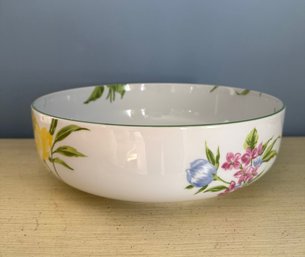 Printemps For Sigma White Ceramic Serving Bowl With Hand-painted Floral Design And Green Rim.