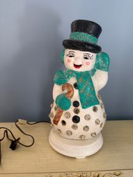 Vintage Lighted Ceramic Snowman With Glitter And Plastic Gem Accents